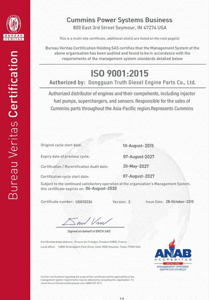China Dongguan Truth Diesel Engine Parts Co., Ltd. certificaciones